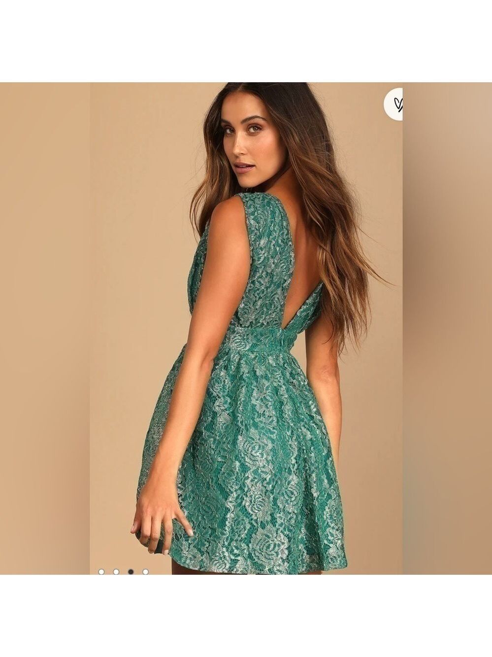Lulus Tawny Green Metallic Skater Dress Floral Lace Deep V-Neck Size Small NWT - Picture 2 of 14